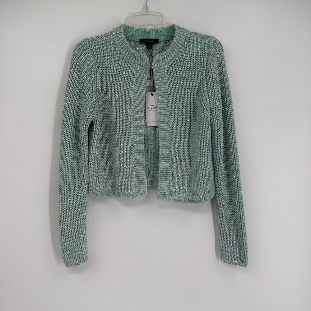 Ann Taylor Studio NWT Women's Green Shimmer Metallic Cardigan Sweater Size M - Picture 8 of 8